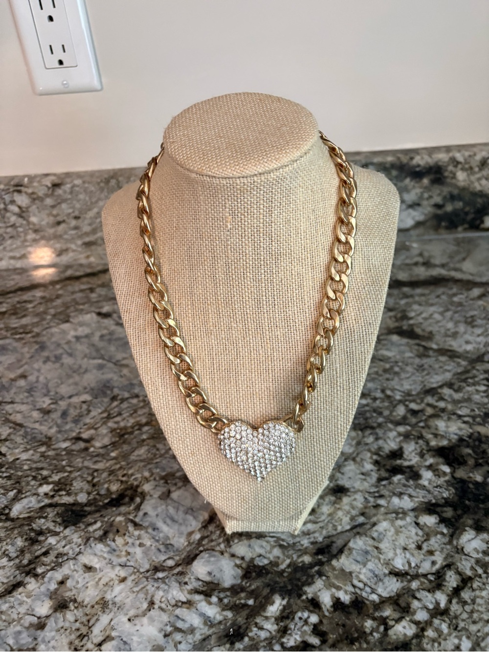 Gold Chain Statement Necklace with Crystal Pave Heart Pendant - Women Jewelry